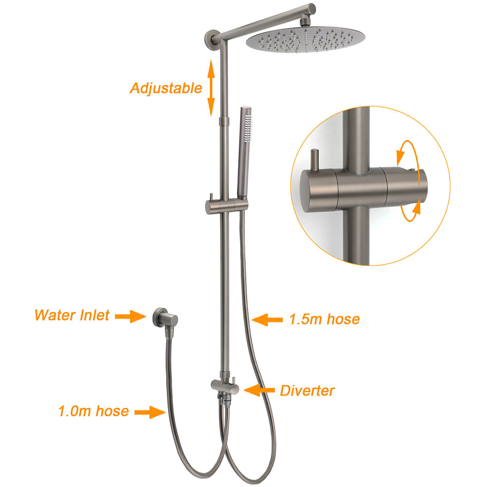 WELS Gun Metal Dual Round Shower 10" Rain Head Stainless Steel Handheld Sliding Rail Diverter Set V1233-SC842GMSS019CGMKSR110GM
