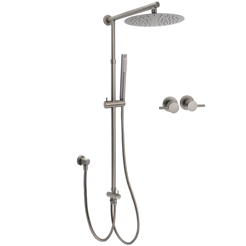 WELS Gun Metal 2in1 Round Shower 10" Rain Head Single Mode Handheld Sliding Rail Twin Taps Set V1233-SC842GMSS019CGMKSR110GMCF0282AGM