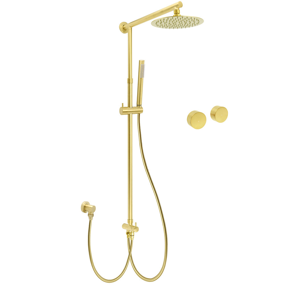 WELS Brushed Gold 2in1 Shower 8" Round Head Set Stainless Steel Handheld Rose Sliding Rail Twin Taps V1233-SC842GSS019CBGKSR108GKC0292BG