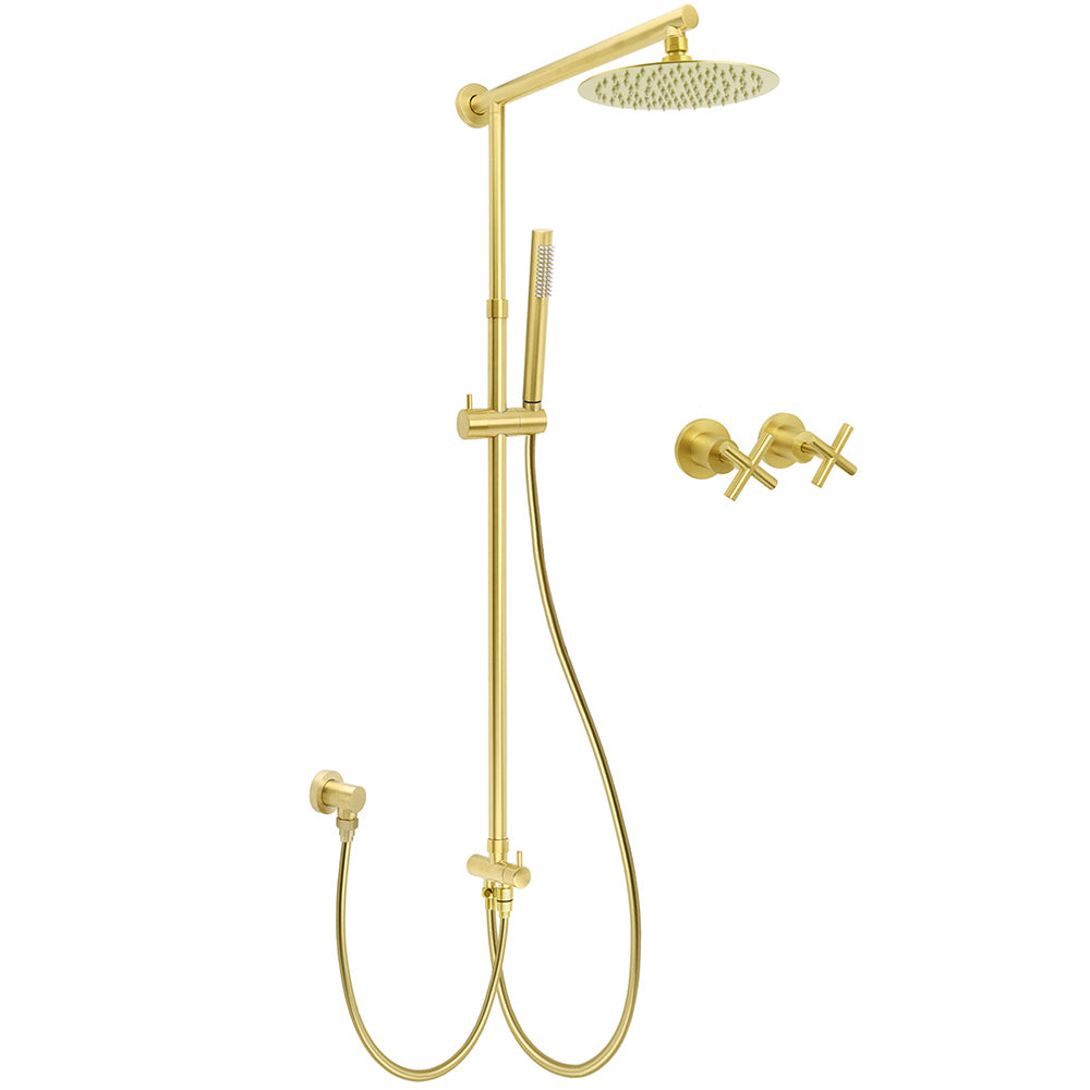 WELS Brushed Gold Shower 8" Round Head Stainless Steel Handheld Rose Sliding Rail Mixer Dual Set V1233-SC842GSS019CBGKSR108GKCR201BG