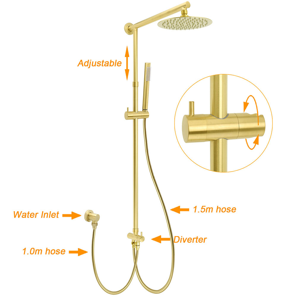 WELS Brushed Gold Shower 8" Round Head Stainless Steel Handheld Rose Sliding Rail Mixer Dual Set V1233-SC842GSS019CBGKSR108GKCR201BG
