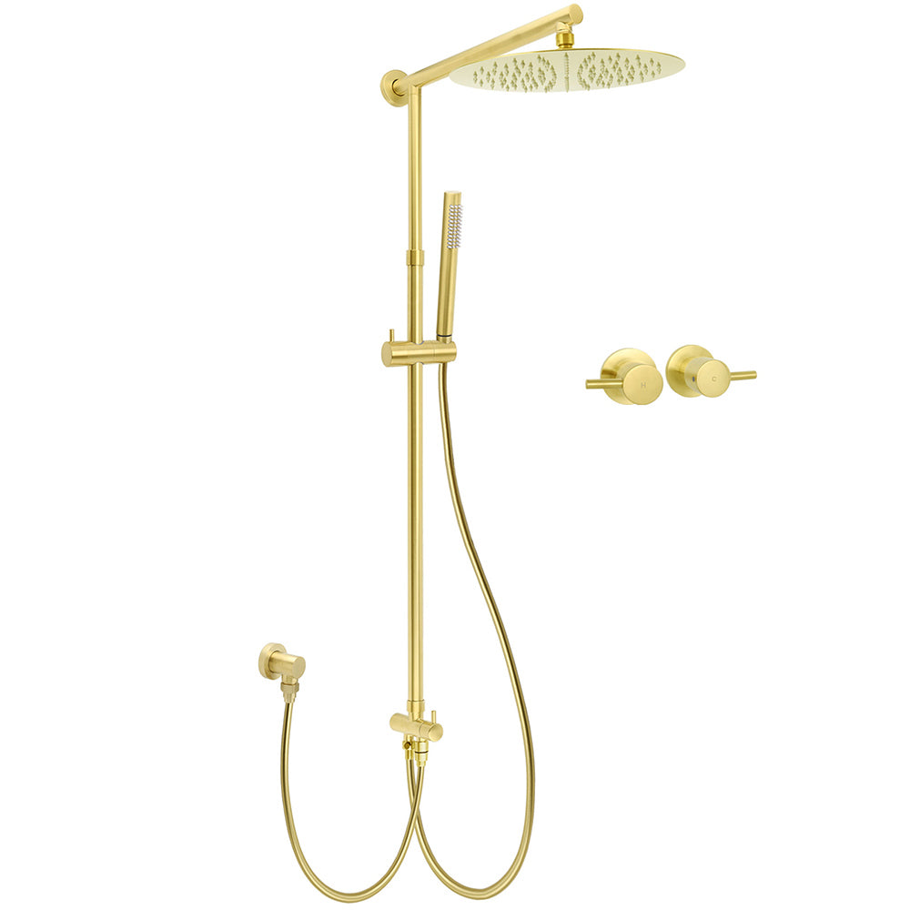 WELS Brushed Gold Round 12" Shower Head Single Mode Handheld Rose Sliding Rail Twin Taps Set V1233-SC842GSS019CBGKSR112GCF0282AG