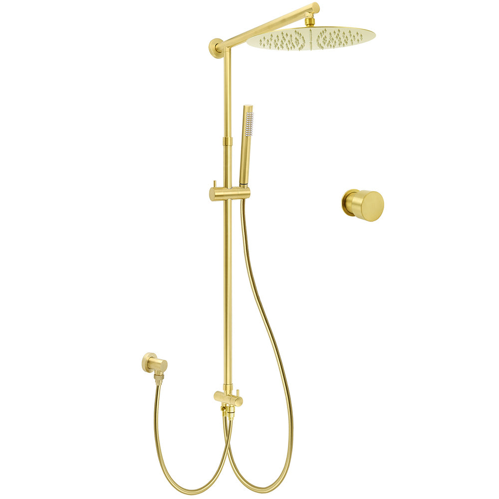 Brushed Gold Dual Round Shower 12" Top Head Simple Stick Handheld Sliding Rail Arm Mixer Valve V1233-SC842GSS019CBGKSR112GKC1292BG