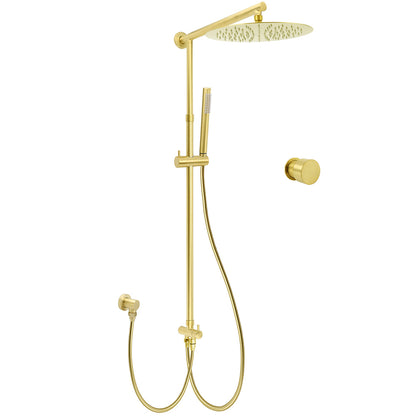 Brushed Gold Dual Round Shower 12" Top Head Simple Stick Handheld Sliding Rail Arm Mixer Valve V1233-SC842GSS019CBGKSR112GKC1292BG