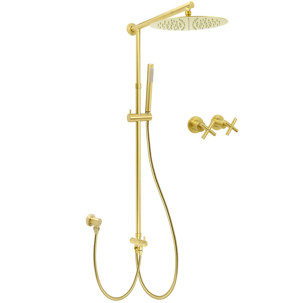Brushed Gold 12" Large Shower Head One Spray Mode Handheld Rose Sliding Rail Arm Round Mixer Set V1233-SC842GSS019CBGKSR112GKCR201BG