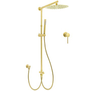 WELS Brushed Gold Dual Large Round Shower Set 12" Rain Head Stainless Steel Handheld Sliding Rail Small Face V1233-SC842GSS019CBGKSR112GKRD201G60
