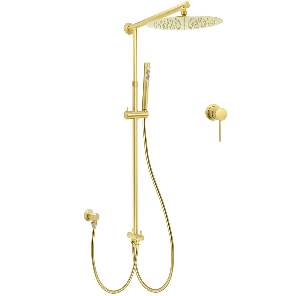 WELS Brushed Gold Dual Large Round Shower Set 12" Rain Head Stainless Steel Handheld Sliding Rail Small Face V1233-SC842GSS019CBGKSR112GKRD201G60