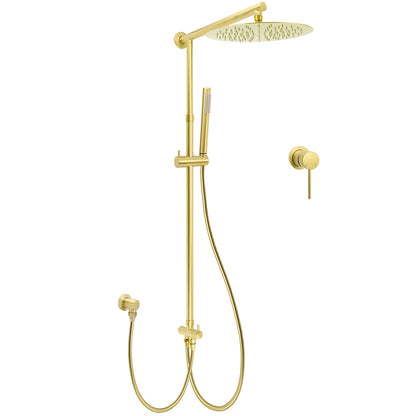 WELS Brushed Gold Dual Large Round Shower Set 12" Rain Head Stainless Steel Handheld Sliding Rail Small Face V1233-SC842GSS019CBGKSR112GKRD201G60