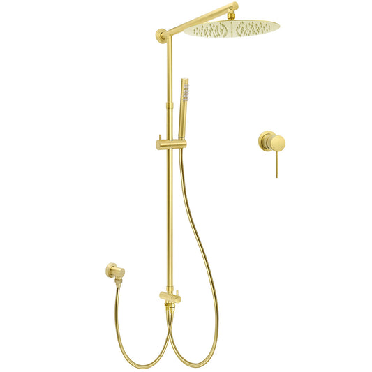 WELS Brushed Gold Dual Large Round Shower Set 12" Rain Head Stainless Steel Handheld Sliding Rail Small Face V1233-SC842GSS019CBGKSR112GKRD201G60