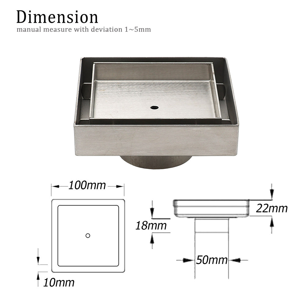 Stainless Steel 100mm Square Tile Insert Shower Grate Floor Drain 50mm Outlet V1233-SQTI0100D50
