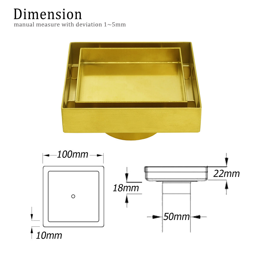 Brushed Gold 100mm Square Tile Insert Floor Drain Tiny Shower Grate 50mm Waste V1233-SQTI0100D50G