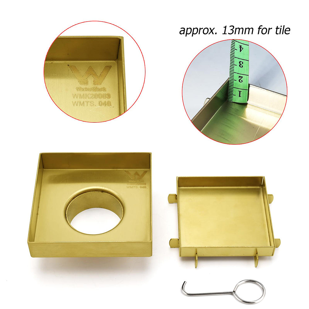 Brushed Gold 100mm Square Tile Insert Floor Drain Tiny Shower Grate 50mm Waste V1233-SQTI0100D50G
