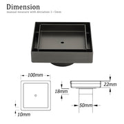 Gun Metal 100mm Square Tile Insert Floor Drain Small Shower Grate 50mm Waste Set V1233-SQTI0100D50GM