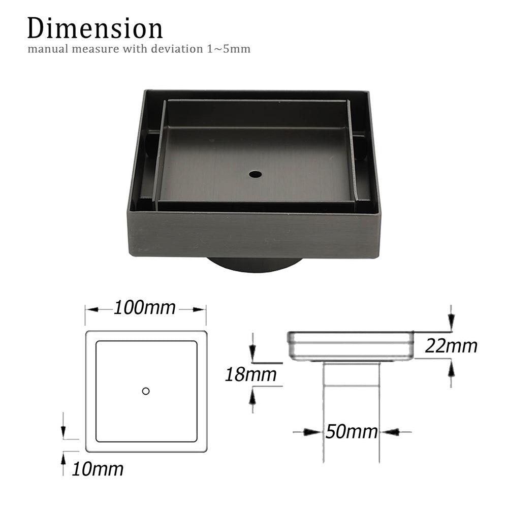Gun Metal 100mm Square Tile Insert Floor Drain Small Shower Grate 50mm Waste Set V1233-SQTI0100D50GM