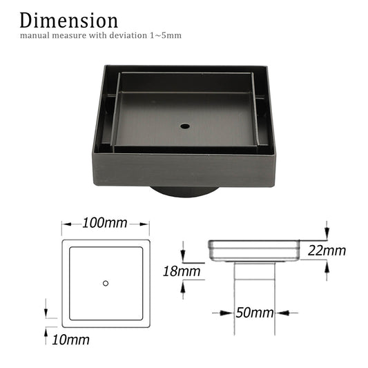 Gun Metal 100mm Square Tile Insert Floor Drain Small Shower Grate 50mm Waste Set V1233-SQTI0100D50GM