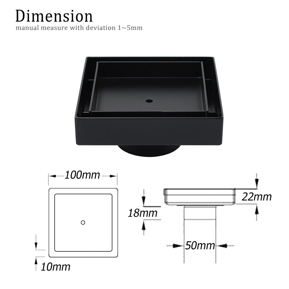 WaterMark Matt Black 100x100mm Square Tile Insert Shower Grate Floor Drain 50mm Waste V1233-SQTI0100D50P