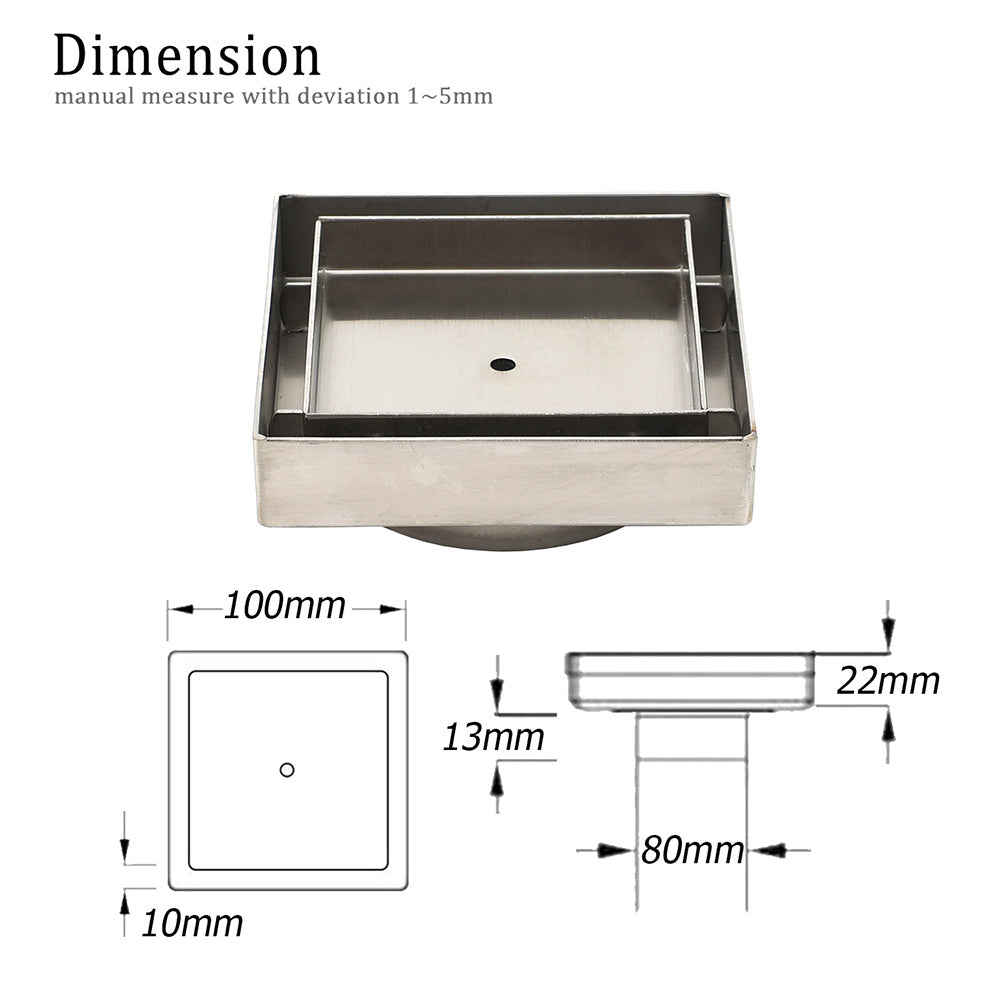 WaterMark Brushed 100mm Square Tile Insert Shower Grate Floor Drain 80mm Waste V1233-SQTI0100D80