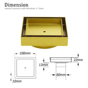 Brushed Gold 100x100mm Tile Insert Floor Drain Square Shower Grate 80mm Waste V1233-SQTI0100D80G