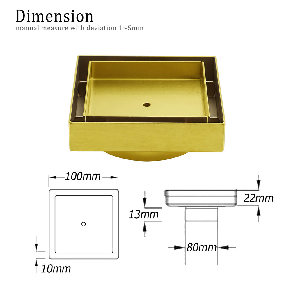Brushed Gold 100x100mm Tile Insert Floor Drain Square Shower Grate 80mm Waste V1233-SQTI0100D80G