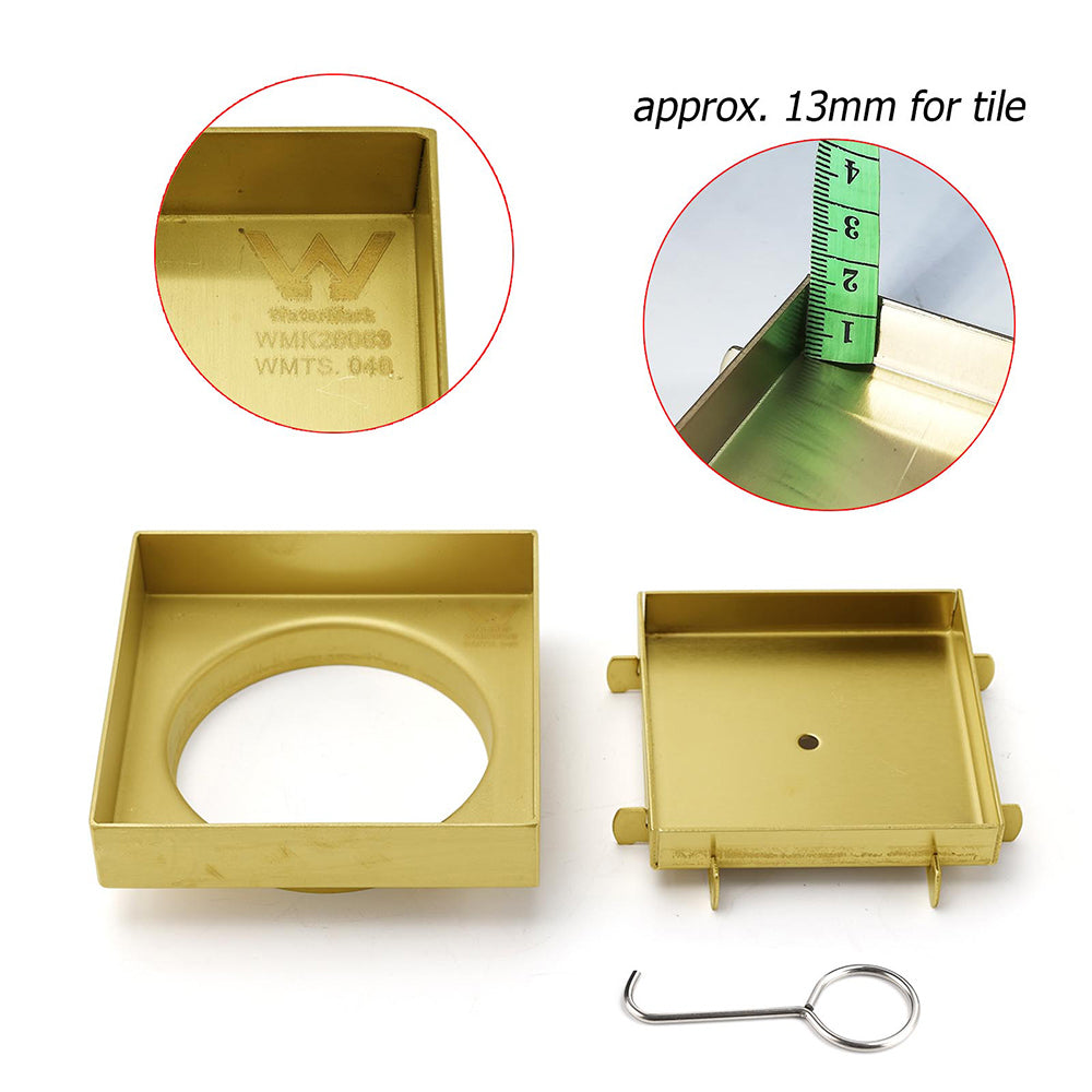 Brushed Gold 100x100mm Tile Insert Floor Drain Square Shower Grate 80mm Waste V1233-SQTI0100D80G