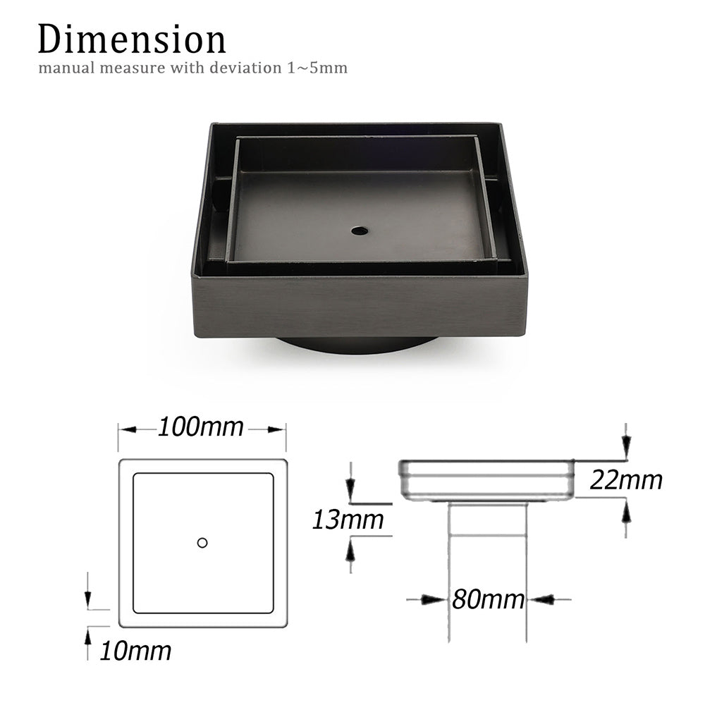Gun Metal 100x100mm Square Tile Insert Floor Drain Small Shower Grate 80mm Waste V1233-SQTI0100D80GM