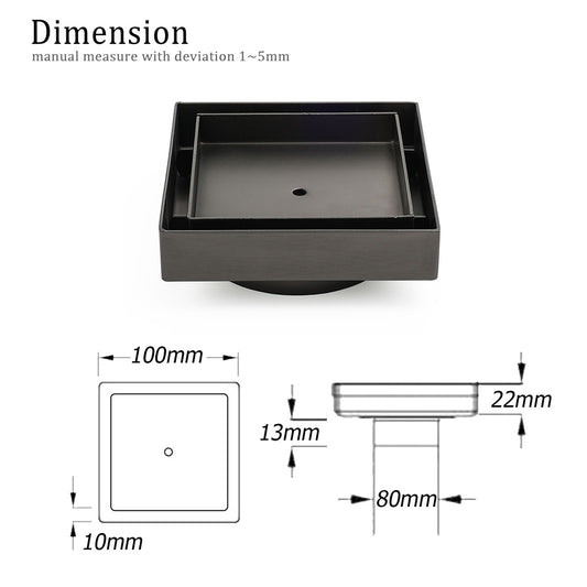 Gun Metal 100x100mm Square Tile Insert Floor Drain Small Shower Grate 80mm Waste V1233-SQTI0100D80GM
