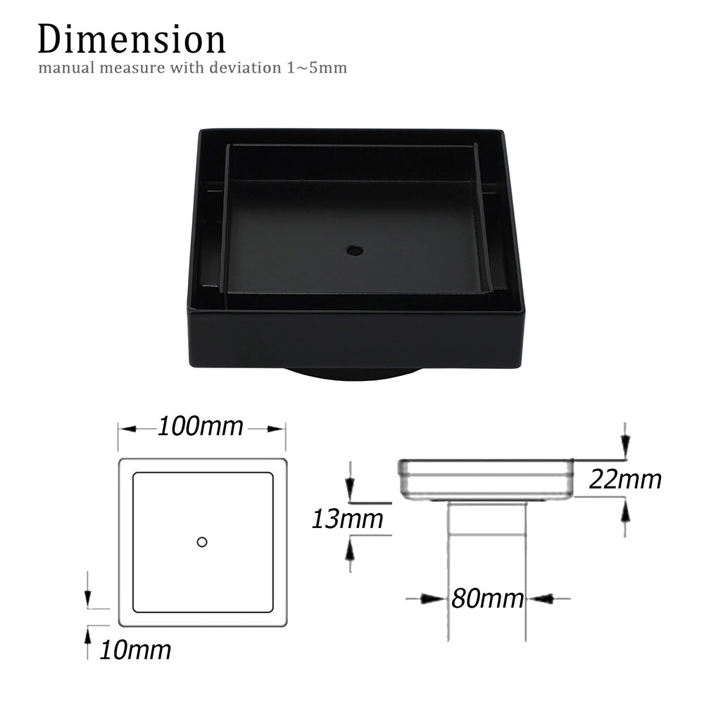 Matt Black Square 100x100mm Tile Insert Floor Drain Shower Grate 80mm Outlet Waste V1233-SQTI0100D80P