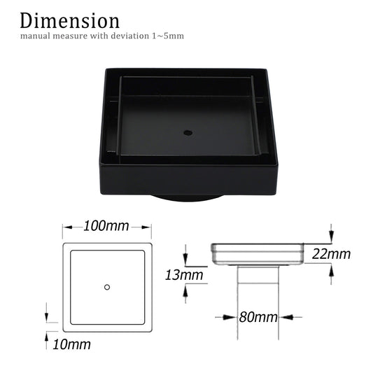 Matt Black Square 100x100mm Tile Insert Floor Drain Shower Grate 80mm Outlet Waste V1233-SQTI0100D80P