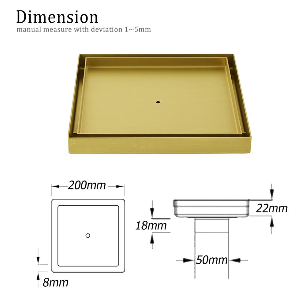 Brushed Gold Large 200mm Tile Insert Floor Drain Shower Grate 50mm Waste Outet V1233-SQTI01200D50BG