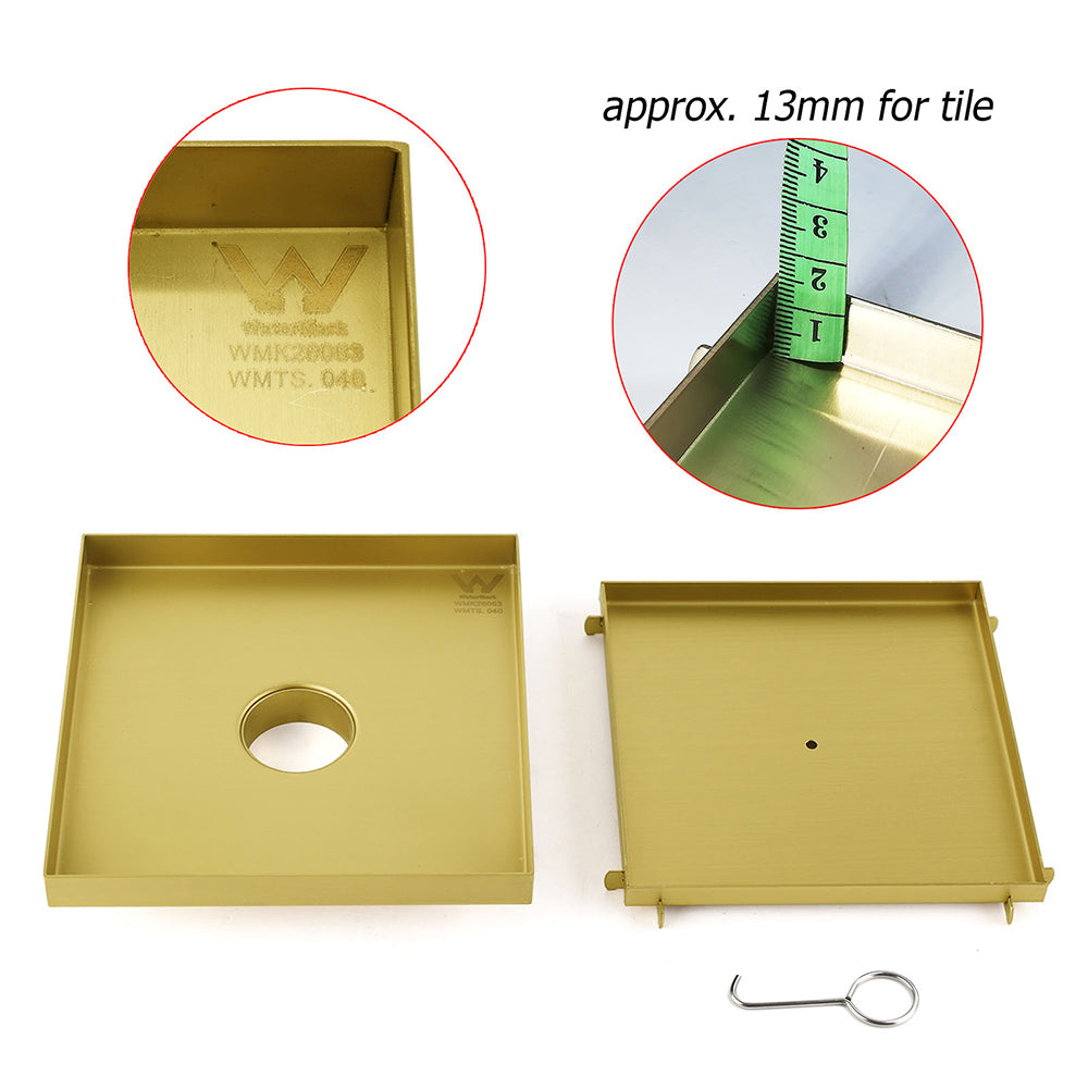 Brushed Gold Large 200mm Tile Insert Floor Drain Shower Grate 50mm Waste Outet V1233-SQTI01200D50BG