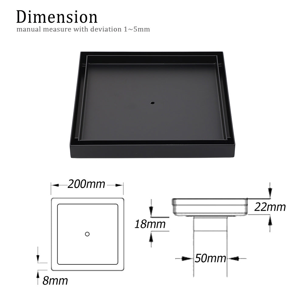 Matt Black Bathroom Big 200mm Tile Insert Floor Drain Shower Grate 50mm Outlet V1233-SQTI01200D50BL