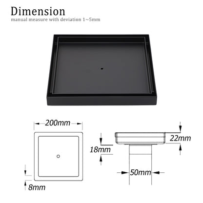 Matt Black Bathroom Big 200mm Tile Insert Floor Drain Shower Grate 50mm Outlet V1233-SQTI01200D50BL