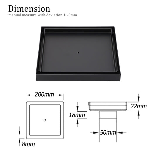 Matt Black Bathroom Big 200mm Tile Insert Floor Drain Shower Grate 50mm Outlet V1233-SQTI01200D50BL