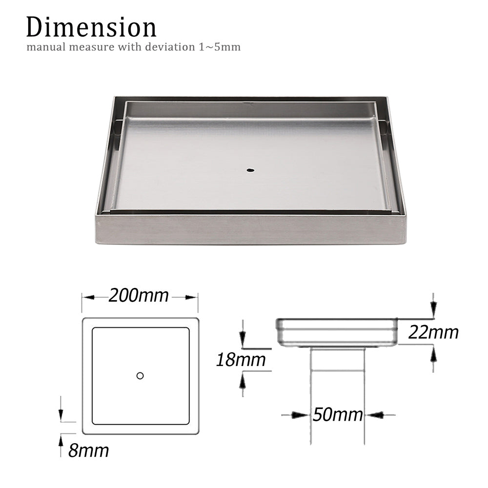 Bathroom 200x200mm Big Square Tile Insert Floor Drain Shower Grate 50mm Waste V1233-SQTI01200D50BS