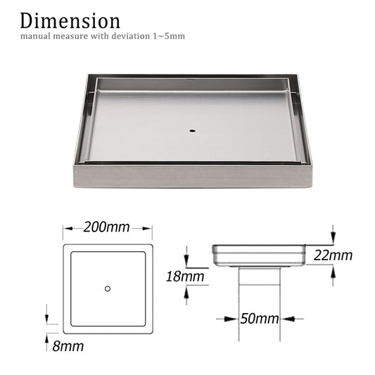 Bathroom 200x200mm Big Square Tile Insert Floor Drain Shower Grate 50mm Waste V1233-SQTI01200D50BS