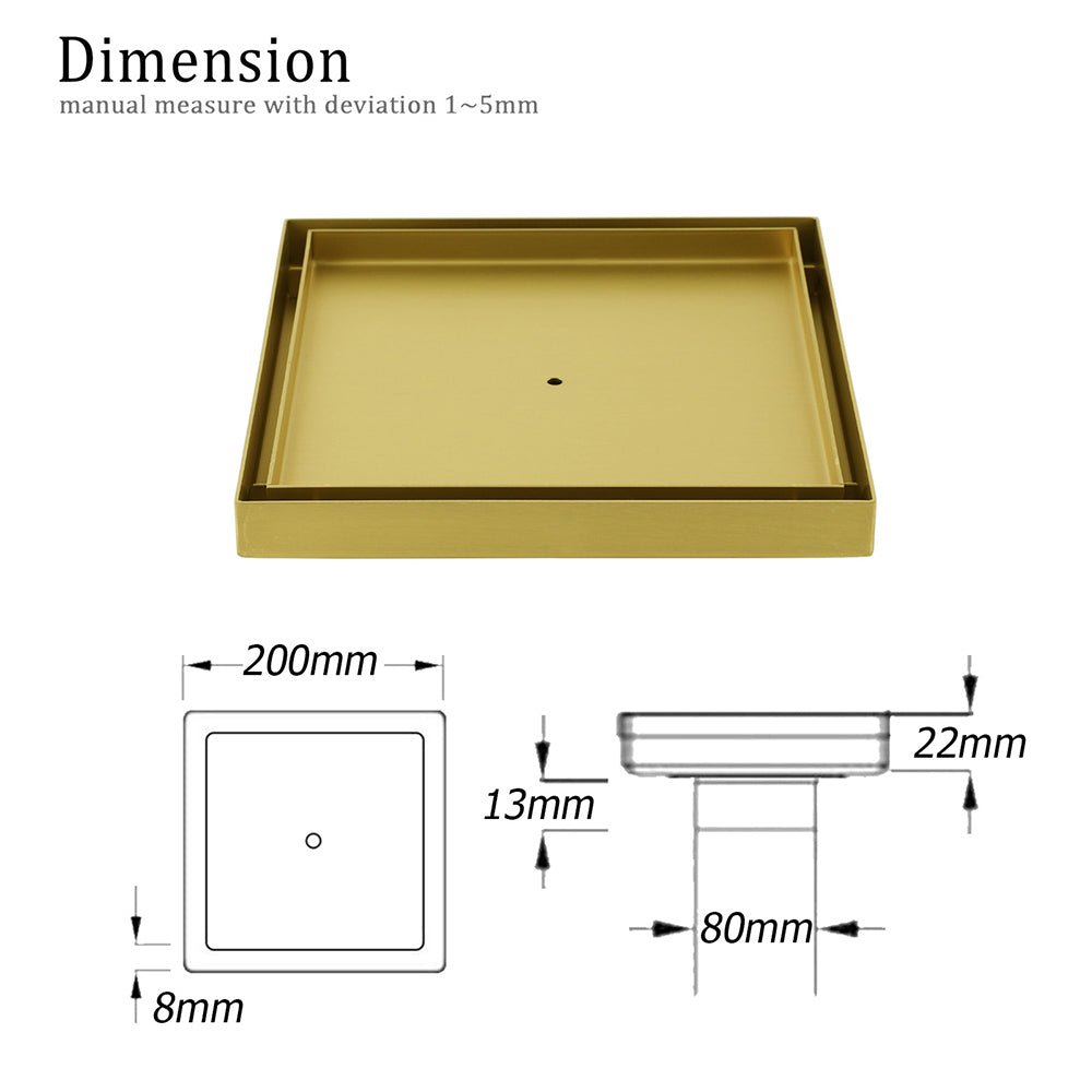 Brushed Gold Large 200mm Tile Insert Bathroom Floor Drain Grate 80mm Waste Outet V1233-SQTI01200D80BG