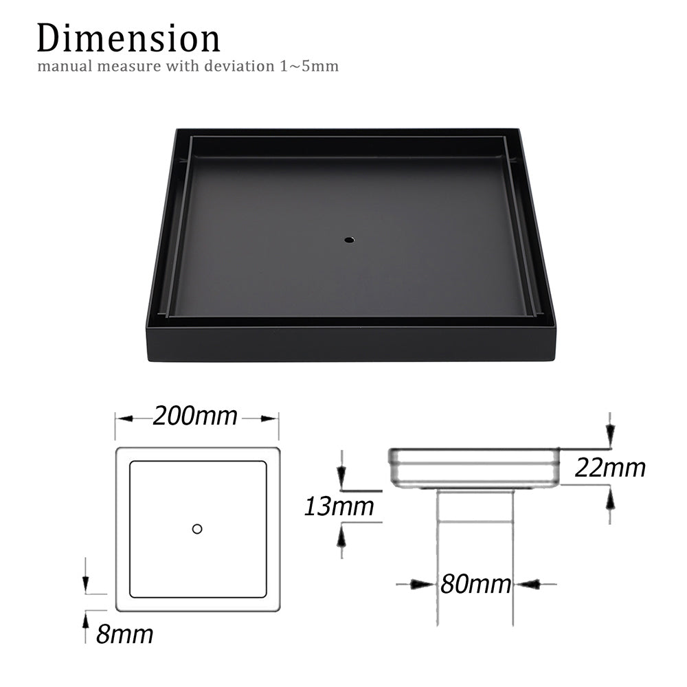 Watermark Matt Black Large 200mm Tile Insert Floor Drain Shower Grate 80mm Waste V1233-SQTI01200D80BL