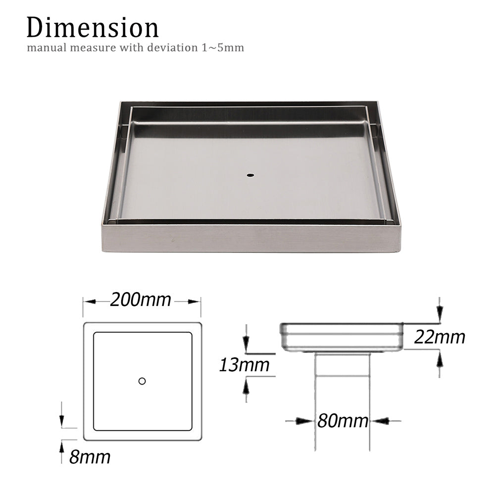 Bathroom Large Square 200x200mm Tile Insert Floor Drain Shower Grate 80mm Waste V1233-SQTI01200D80BS
