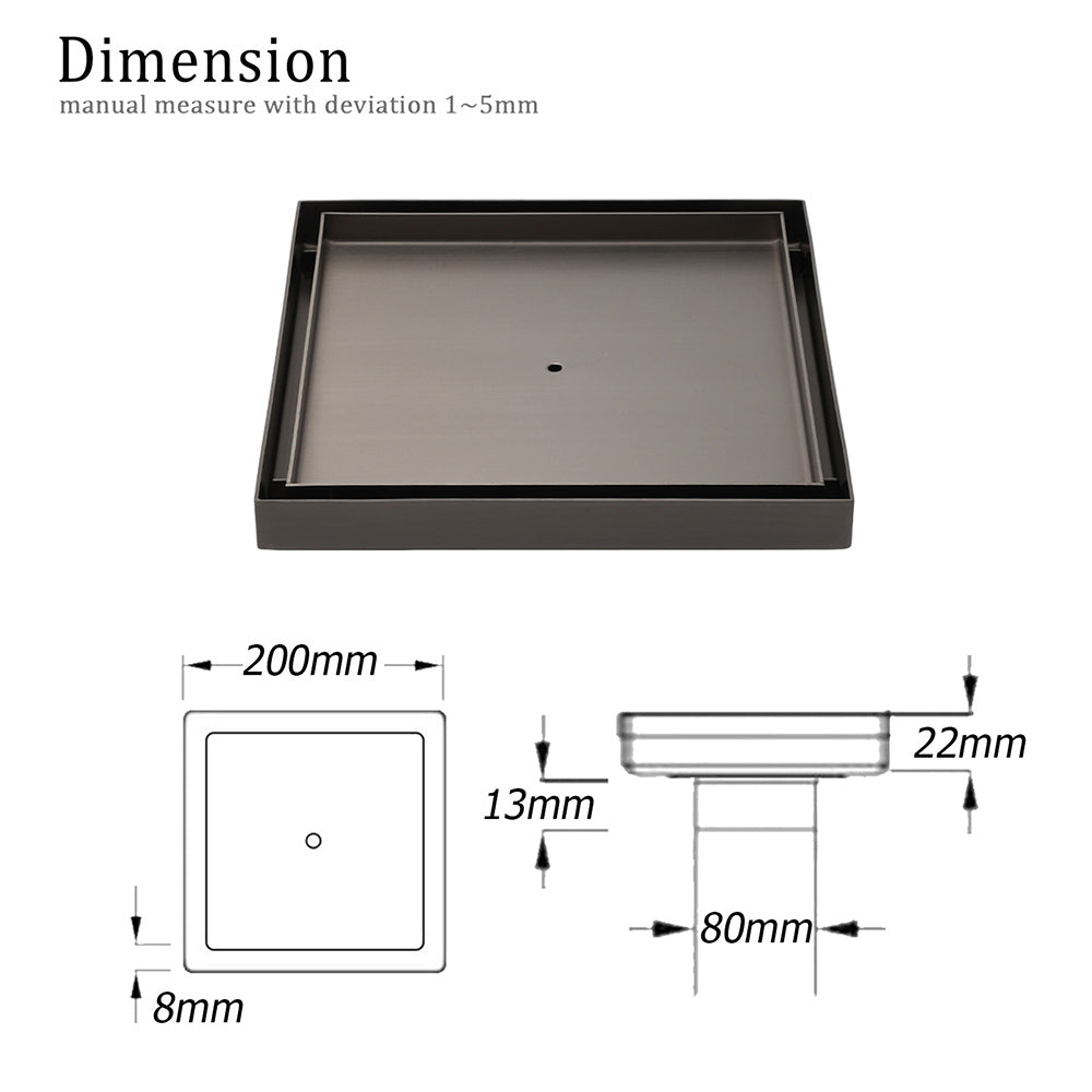 Gun Metal Large Square 200x200mm Tile Insert Floor Drain Shower Grate 80mm Waste V1233-SQTI01200D80GM