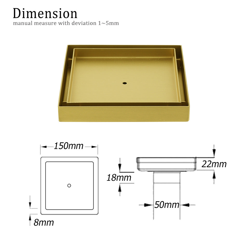 Brushed Gold Square 150x150mm Tile Insert Floor Drain Shower Grate 50mm Waste V1233-SQTI0150D50BG