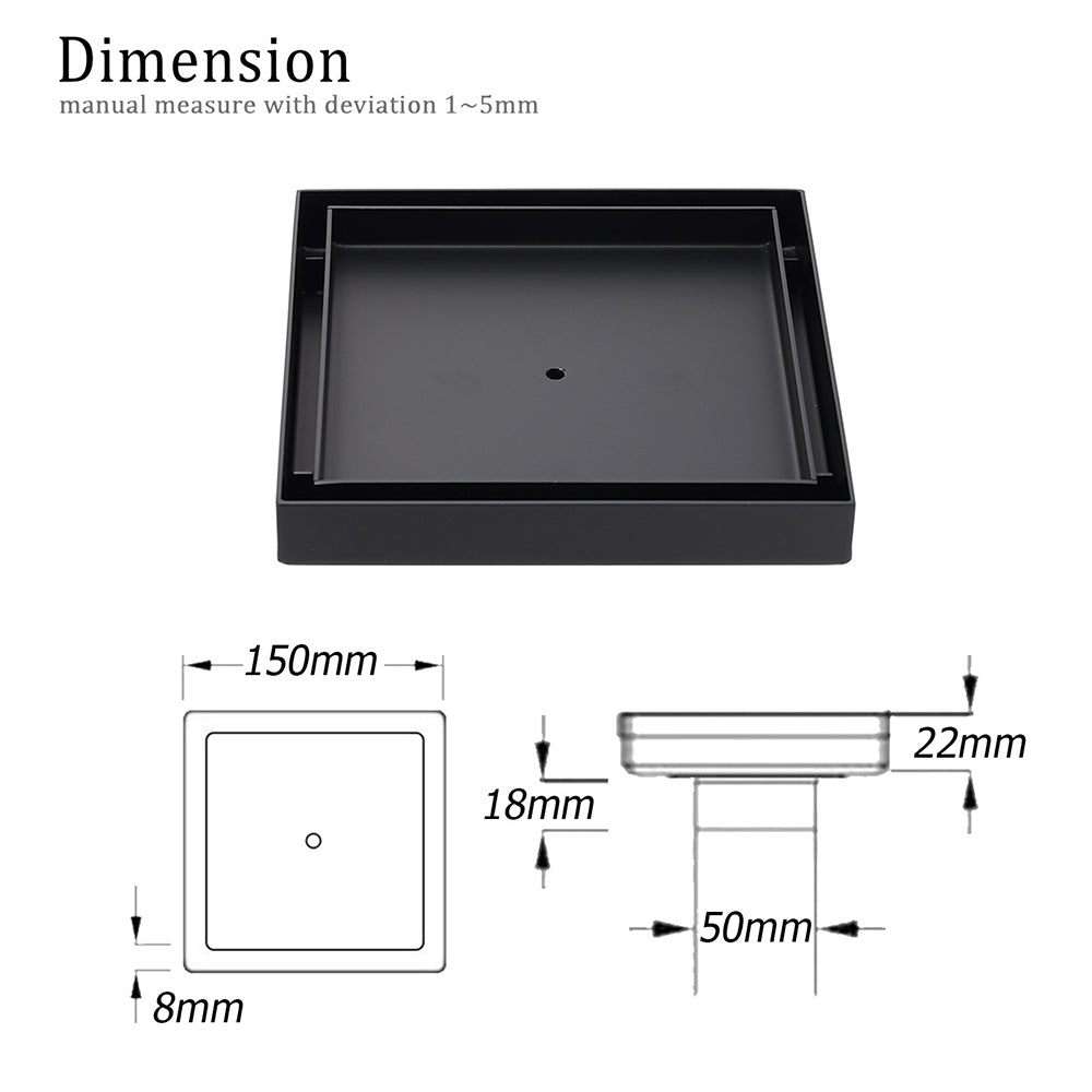 Matt Black 150x150mm Tile Insert Floor Drain Shower Grate 50mm Outlet Watermark V1233-SQTI0150D50BL