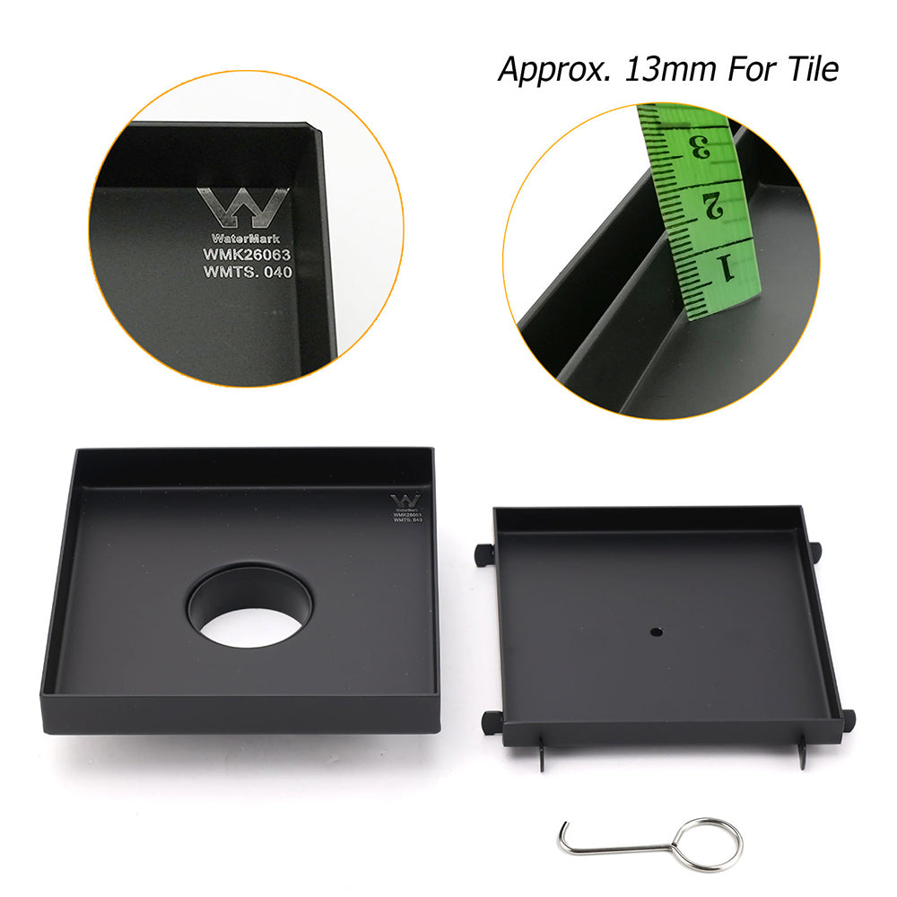 Matt Black 150x150mm Tile Insert Floor Drain Shower Grate 50mm Outlet Watermark V1233-SQTI0150D50BL