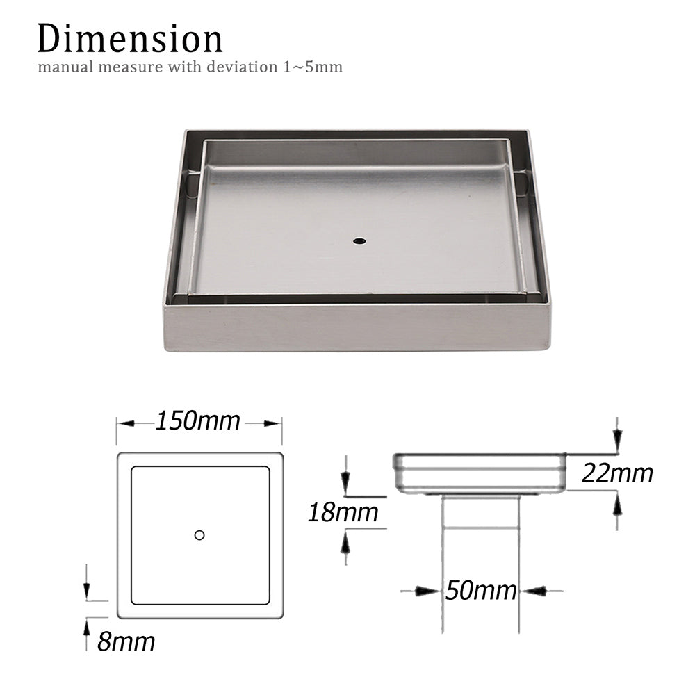 150x150mm Square Tile Insert Floor Drain Stainless Steel Shower Grate 50mm Waste V1233-SQTI0150D50BS