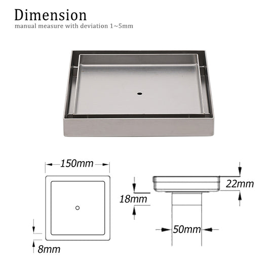 150x150mm Square Tile Insert Floor Drain Stainless Steel Shower Grate 50mm Waste V1233-SQTI0150D50BS