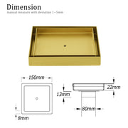 Brushed Gold 150x150mm Tile Insert Floor Drain Shower Grate 80mm Waste Watermark V1233-SQTI0150D80BG