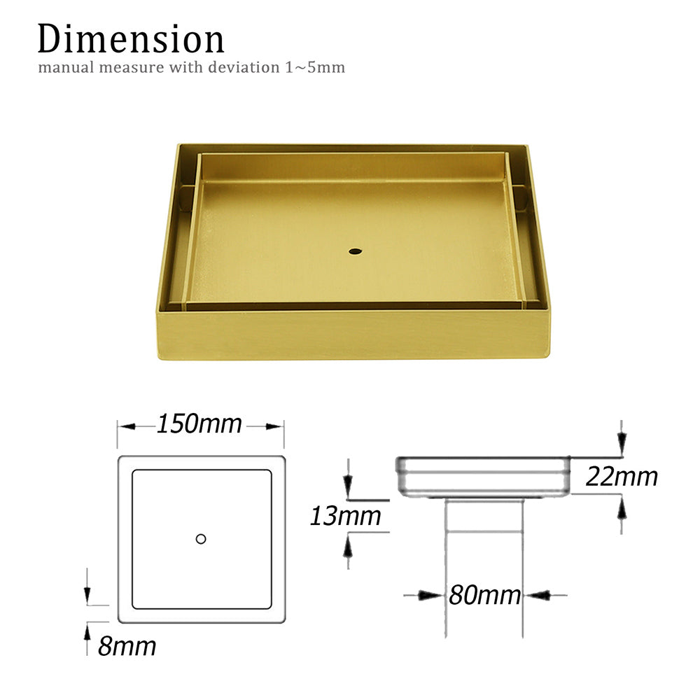 Brushed Gold 150x150mm Tile Insert Floor Drain Shower Grate 80mm Waste Watermark V1233-SQTI0150D80BG