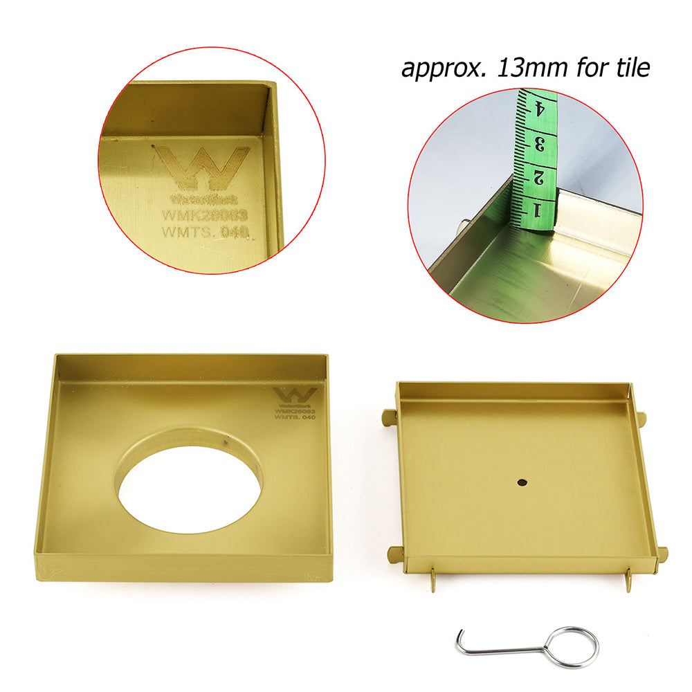 Brushed Gold 150x150mm Tile Insert Floor Drain Shower Grate 80mm Waste Watermark V1233-SQTI0150D80BG
