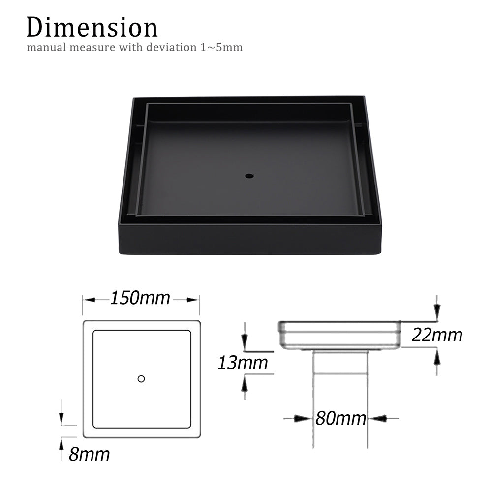 Watermark Black 150x150mm Tile Insert Floor Drain Shower Grate 80mm Waste Outlet V1233-SQTI0150D80BL