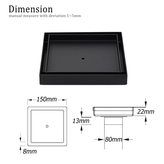 Watermark Black 150x150mm Tile Insert Floor Drain Shower Grate 80mm Waste Outlet V1233-SQTI0150D80BL