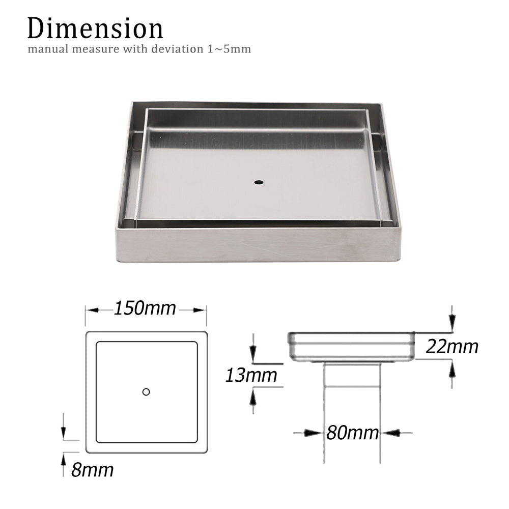 Square 150x150mm Tile Insert Floor Drain 80mm Waste Stainless Steel Shower Grate V1233-SQTI0150D80BS
